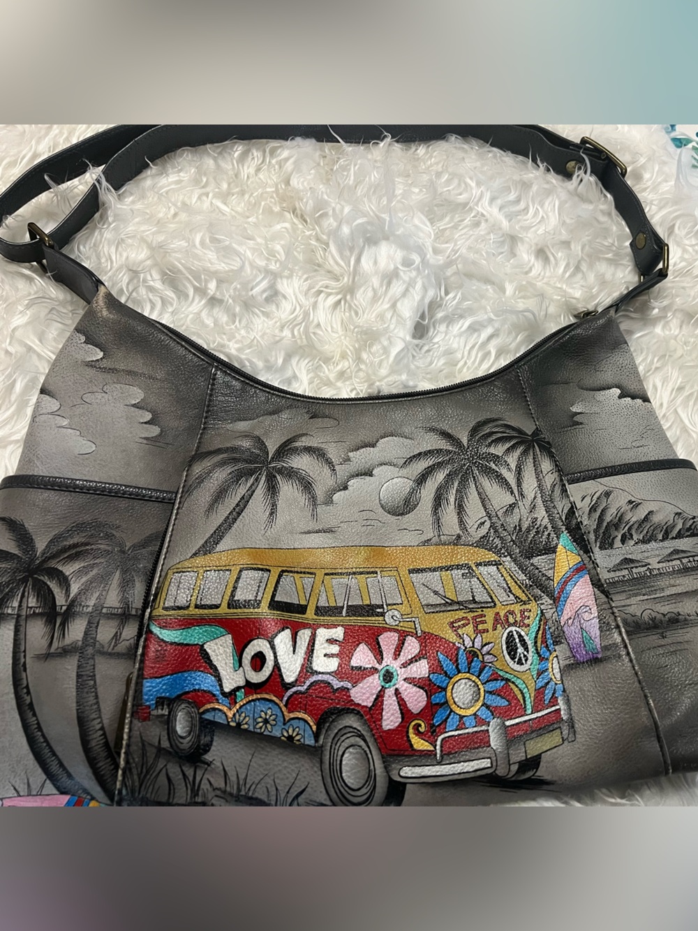 Anuschka Happy Camper large shoulder hobo leather hand painted boho hippie